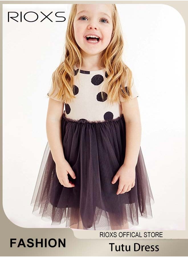 RIOXS - Girls Stylish A Line Tutu Dress, Round Neck Short Sleeve Dress, Wonderful Summer Dresses with Polka-dot Pattern, Comfortable to Wear, Suitable for Daily Wear, Vacation and Other Occasions, Great Gift Choice for Girls - Image 1