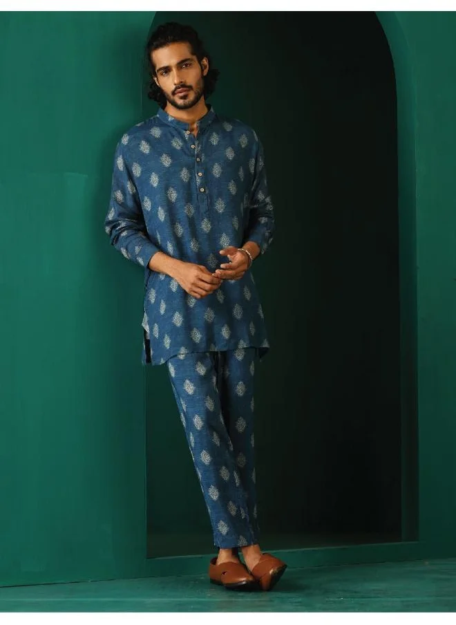 ترو برونز Men's Blue Floral Muslin Silk Printed Co-ord Set
