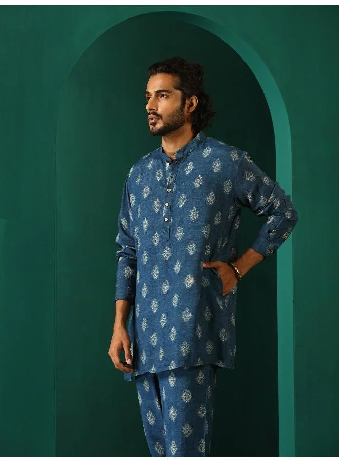 trueBrowns Men's Blue Floral Muslin Silk Printed Co-ord Set