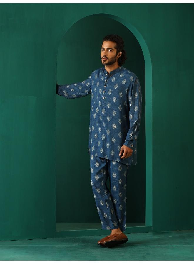 ترو برونز Men's Blue Floral Muslin Silk Printed Co-ord Set  - Image 3