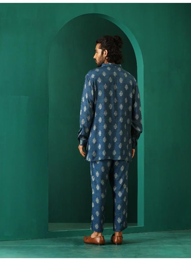 trueBrowns Men's Blue Floral Muslin Silk Printed Co-ord Set