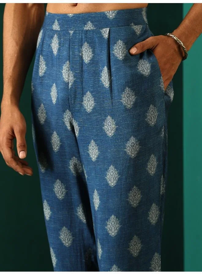 trueBrowns Men's Blue Floral Muslin Silk Printed Co-ord Set