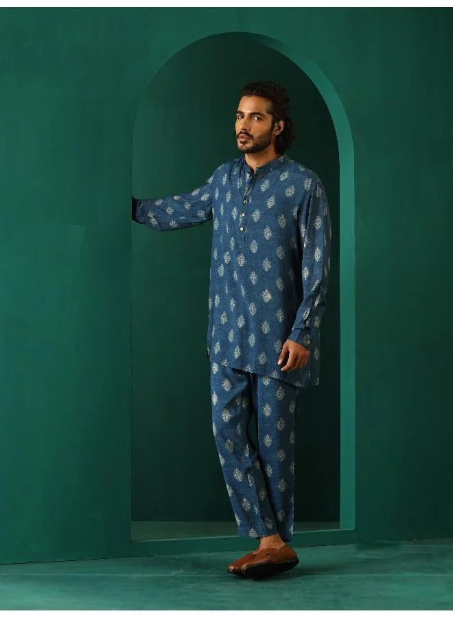 trueBrowns Men's Blue Floral Muslin Silk Printed Co-ord Set
