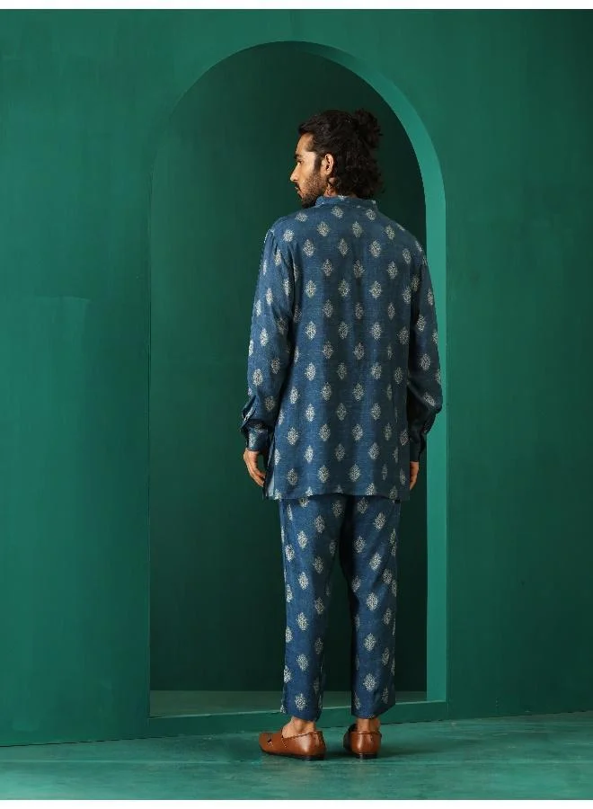 trueBrowns Men's Blue Floral Muslin Silk Printed Co-ord Set