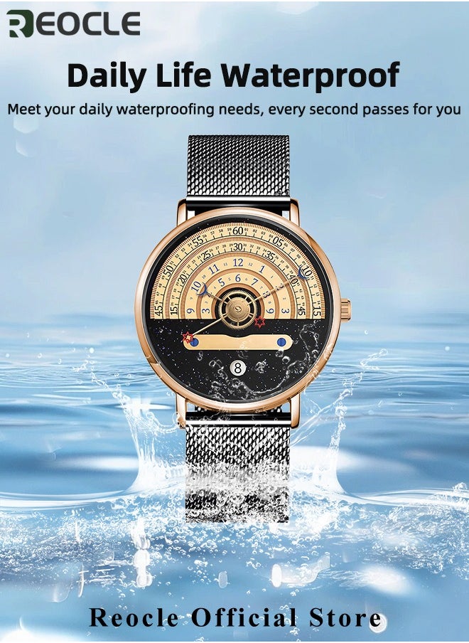 REOCLE - Men's Quartz Watches with Minimalist Trend Astrolabium & Stainless Steel Milanese Strap & Calendar Function & Waterproof Dial Wrist Watch for Men - Image 1