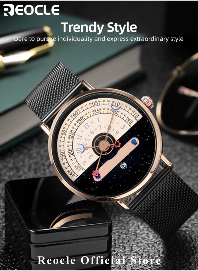 REOCLE - Men's Quartz Watches with Minimalist Trend Astrolabium & Stainless Steel Milanese Strap & Calendar Function & Waterproof Dial Wrist Watch for Men - Image 1