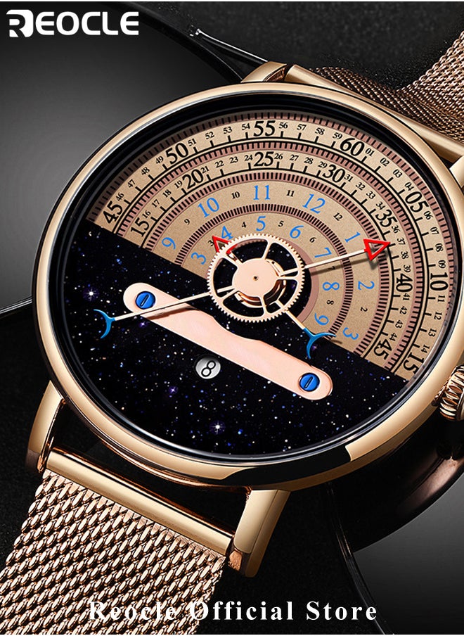REOCLE - Men's Quartz Watches with Minimalist Trend Astrolabium & Stainless Steel Milanese Strap & Calendar Function & Waterproof Dial Wrist Watch for Men - Image 1