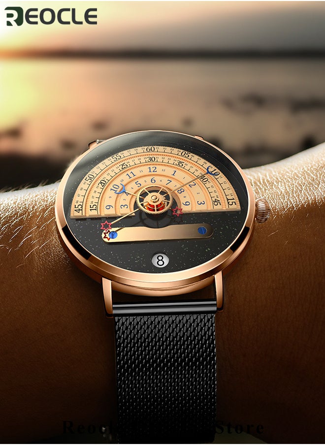 REOCLE - Men's Quartz Watches with Minimalist Trend Astrolabium & Stainless Steel Milanese Strap & Calendar Function & Waterproof Dial Wrist Watch for Men - Image 1