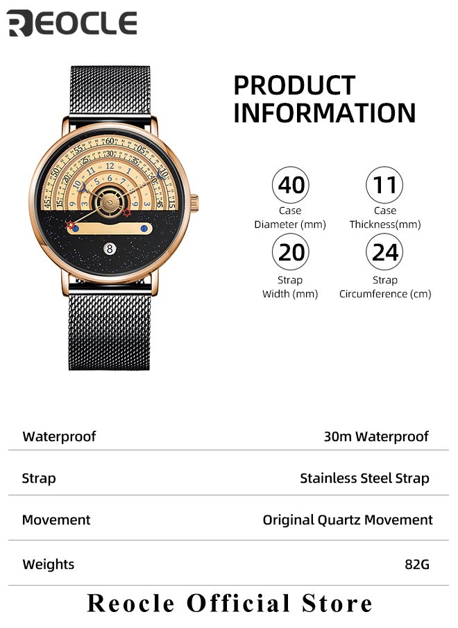 REOCLE - Men's Quartz Watches with Minimalist Trend Astrolabium & Stainless Steel Milanese Strap & Calendar Function & Waterproof Dial Wrist Watch for Men - Image 1