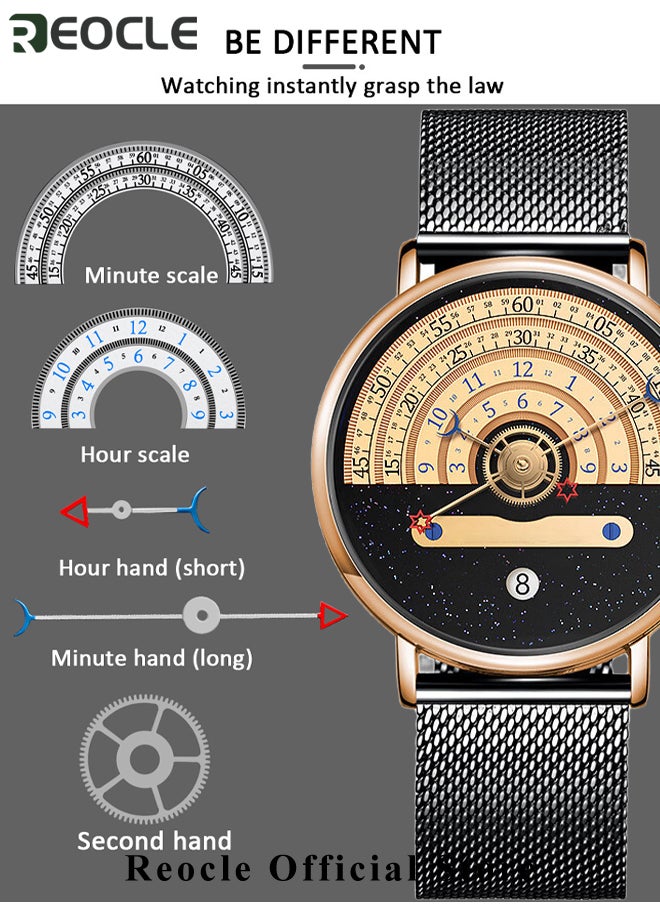 REOCLE - Men's Quartz Watches with Minimalist Trend Astrolabium & Stainless Steel Milanese Strap & Calendar Function & Waterproof Dial Wrist Watch for Men - Image 1