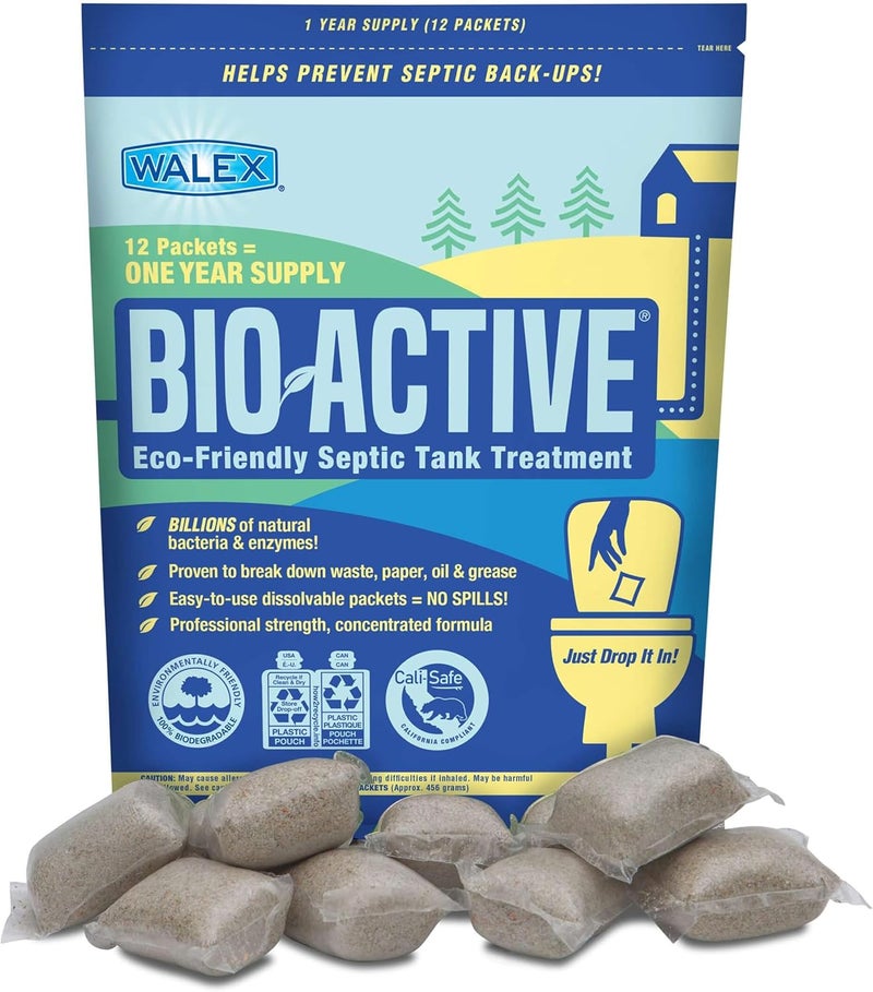 WALEX Bio-Active Home Septic Tank Treatment - Strong Digestive Power with Beneficial Bacteria & Enzymes for Liquefying Solids & Breaking Down Waste, Odor Neutralizer -1 Year Supply, 12 Packets - Image 1