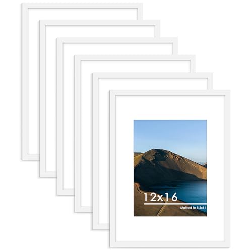 PEALSN 12x16 Picture Frame Set of 6, Display Pictures 8.5x11 with Mat or 12x16 without Mat for Wall Mounting Display, Photo Frames Collage for Wall Decor, White. - Image 1
