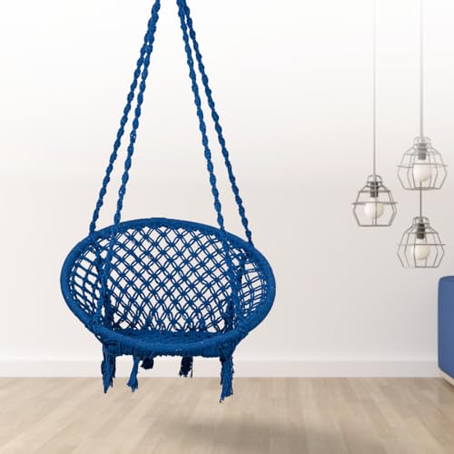 Swingzy Cotton Netted Rope Hanging Swing Chair for Adults & Kids/Swing for Balcony/Outdoor Swing Chair/Hammock Swing for Home, Patio, Garden, Indoor/Balcony Hanging Chair (120 Kg Capacity, Blue) - Image 1