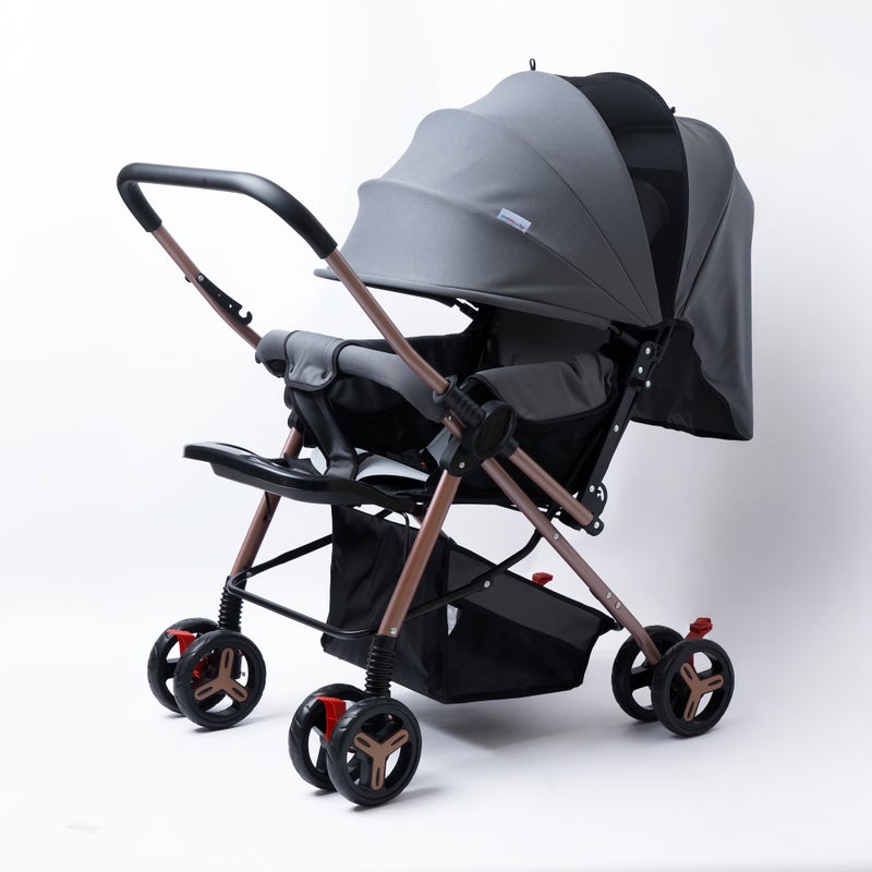 molody Baby Stroller – Reversible Seat, Full Canopy, Big Basket & Cup Holder – Dark Grey - Image 1