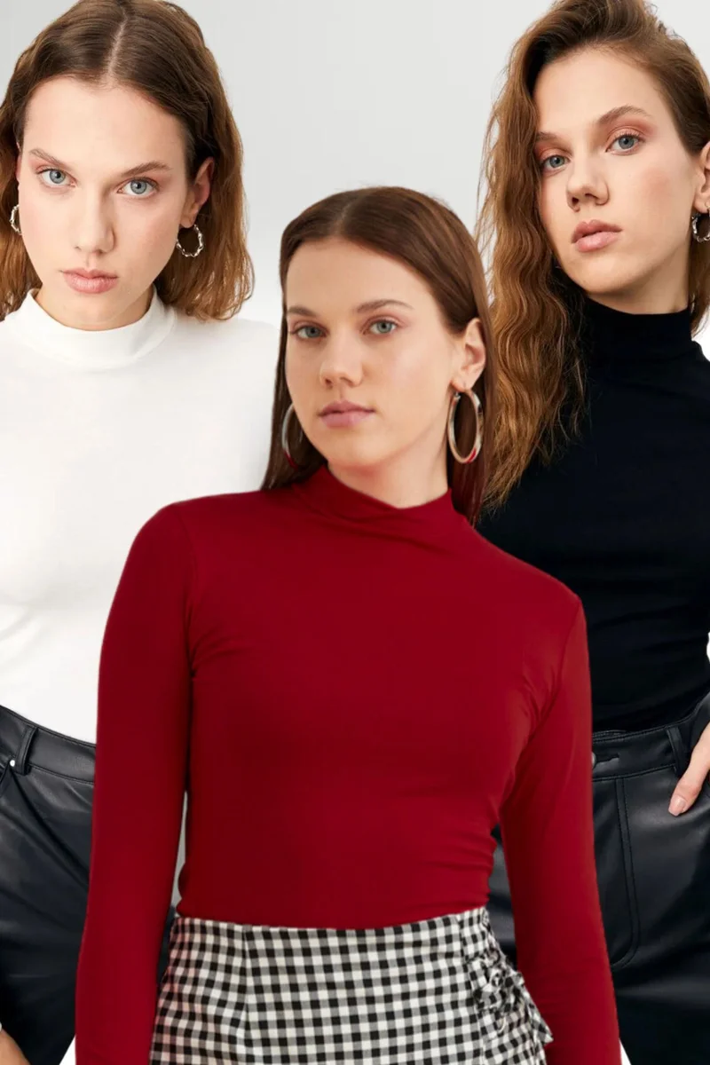 بيبانتولون BIPANTOLON Women's 3-Pack Slim Fit Turtleneck Bodysuits