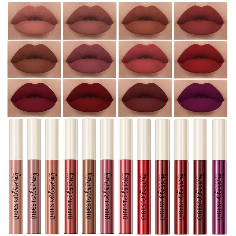 QiBest 12Pcs Matte Liquid Lipstick Set for Girls & Women, 24 Hours Long Lasting Waterproof Nude & Dark Red Lip Gloss Makeup Gift Kits, Velvet Non-Stick Cup Mate Duracion 24 Horas Originales Lip Stains - Image 1