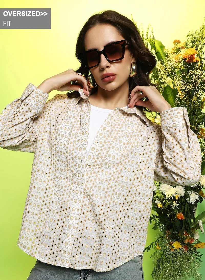 كامبوس سوترا Women's Off-White:Buff Beige Embroidered Flora Oversized Shirt