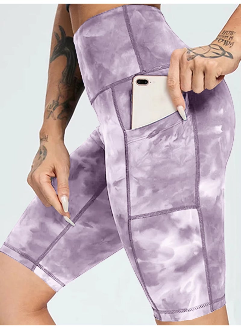 عام التعادل صبغ النساء الدراجات السراويل الرياضة اليوغا قصيرة طماق مع جيوب تشغيل رياضة اللياقة البدنية السراويل - Image 1