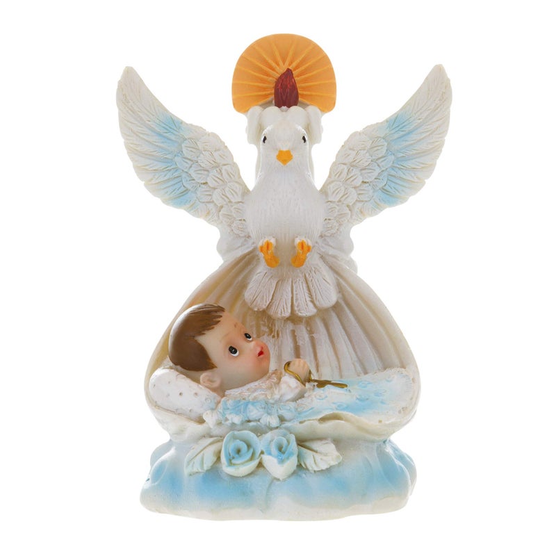 Lunaura تذكار لوناورا الديني - مجموعة من 12 "ولد" طفل مستلقٍ في سلة مع حمامة وهدايا الشموع - أزرق - Image 4