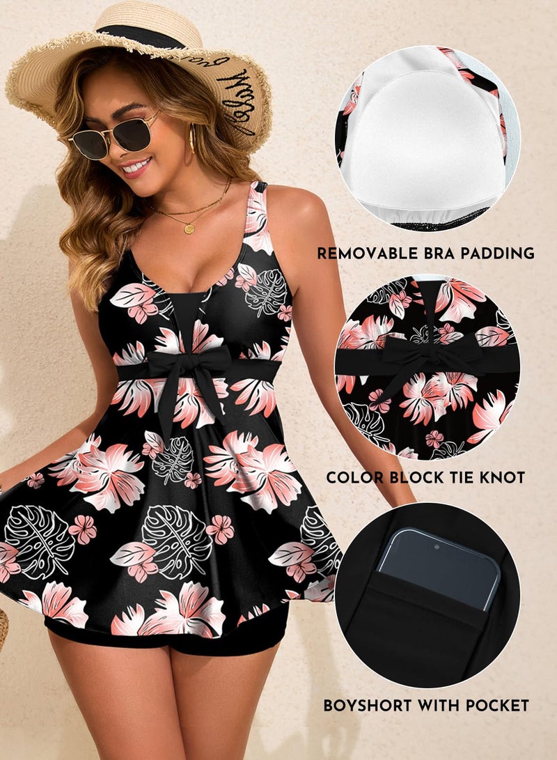 Aleumdr Women's 2026 Tankini Set Printed Swimsuits Tummy Control Bathing Suits Two Piece High Waisted Swim Dress with Pockets Black Floral Medium - Image 4