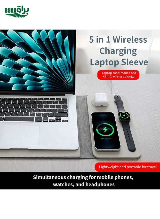 BURAQ - 5 In 1 Laptop Sleeve With Wireless Charging Mouse Pad Desk Mat For 12-14 Inch Laptops(Beige) - Image 1