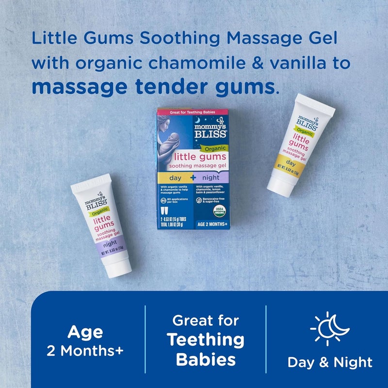 Mommy's Bliss Organic Little Gums Soothing Massage Gel Day and Night Combo, Helps with Tender Gums, Age 2 Months+, Sugar Free, Mild & Sweet Flavor, 2-0.53 Oz Tubes (Pack of 1) - Image 2