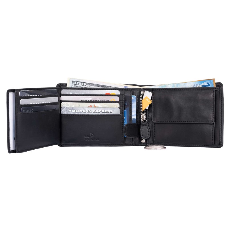 DiLoro Full Size Large Mens Leather Bifold Wallet Flip ID Zip and Coin Compartment with RFID Protection Anti Theft (Nappa Black) - Image 2