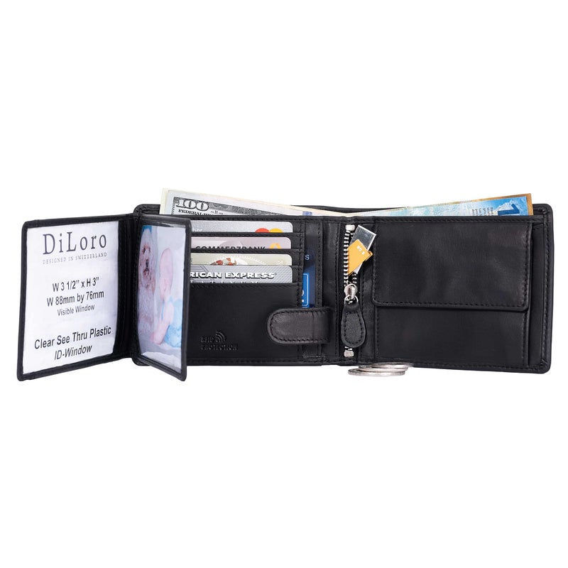 DiLoro Full Size Large Mens Leather Bifold Wallet Flip ID Zip and Coin Compartment with RFID Protection Anti Theft (Nappa Black) - Image 3