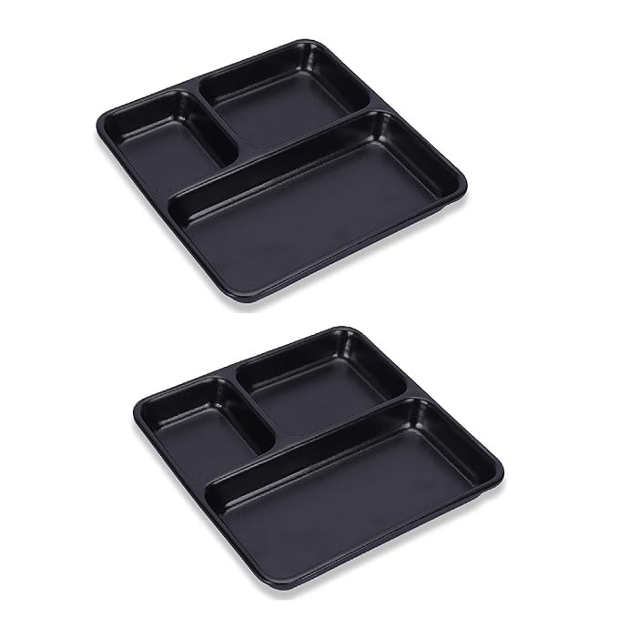 Coolkart 3 Compartment Snacks Plate Pav Bhaji Plate Appetizer Plates for Home Kitchen Dining Table Restaurant 9x9 Inches Black Sectioned Plate Pack of 4 Microwave Safe - Image 1