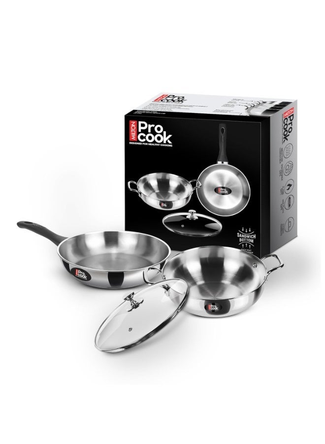 MILTON Pro cook Pro Cook Sandwich Bottom 3 Pc Cookware Set | Stainless Steel Kadhai & Fry Pan with Lid 22 cm |  Induction Cookware & Gas Stove Friendly | Deep Frying | SautÃ© | Scratch Resistant - Image 1