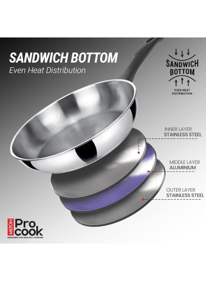 MILTON Pro cook Pro Cook Sandwich Bottom 3 Pc Cookware Set | Stainless Steel Kadhai & Fry Pan with Lid 22 cm |  Induction Cookware & Gas Stove Friendly | Deep Frying | SautÃ© | Scratch Resistant - Image 3