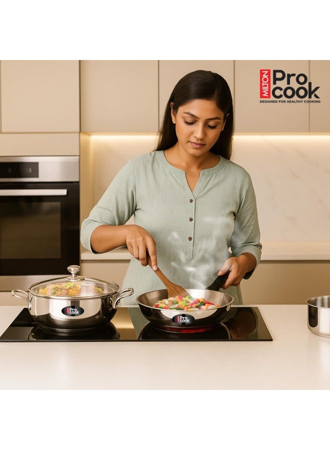 MILTON Pro cook Pro Cook Sandwich Bottom 3 Pc Cookware Set | Stainless Steel Kadhai & Fry Pan with Lid 22 cm |  Induction Cookware & Gas Stove Friendly | Deep Frying | SautÃ© | Scratch Resistant - Image 4