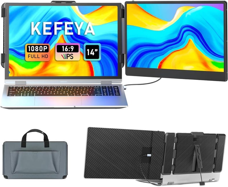 KEFEYA Laptop Screen Extender, 14" FHD 1080P IPS Laptop Monitor Extender Dual Screen, Portable Monitor for Laptops 13-17" with USB-C/HDMI Port, Plug n Play for Windows/Mac/Android/Switch/PS5 - Image 1