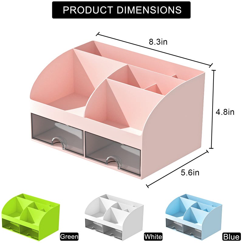 COMFYROOM Desk Organizer with 6 Compartments and 2 Drawers, Plastic Makeup Organizer, Pen Holder for Desktop Storage, Desk Organization for School, Home, Office Supplies (Pink) - Image 2