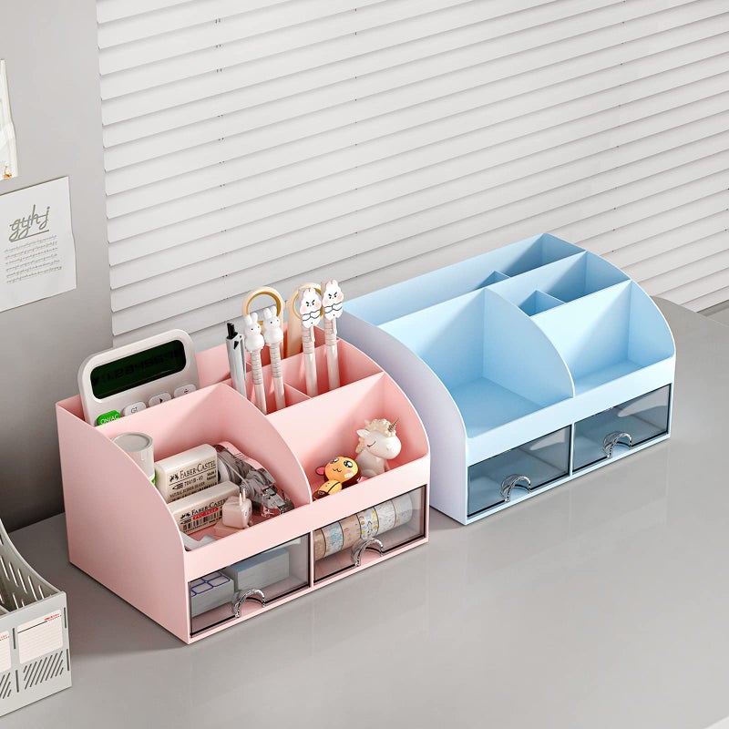 COMFYROOM Desk Organizer with 6 Compartments and 2 Drawers, Plastic Makeup Organizer, Pen Holder for Desktop Storage, Desk Organization for School, Home, Office Supplies (Pink) - Image 5