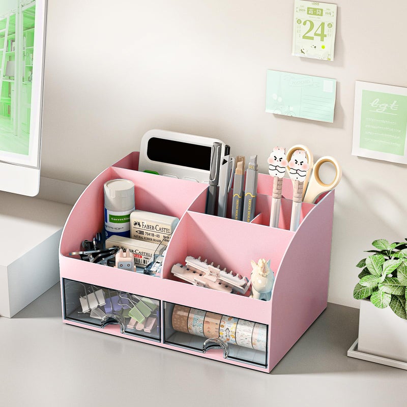 COMFYROOM Desk Organizer with 6 Compartments and 2 Drawers, Plastic Makeup Organizer, Pen Holder for Desktop Storage, Desk Organization for School, Home, Office Supplies (Pink) - Image 4