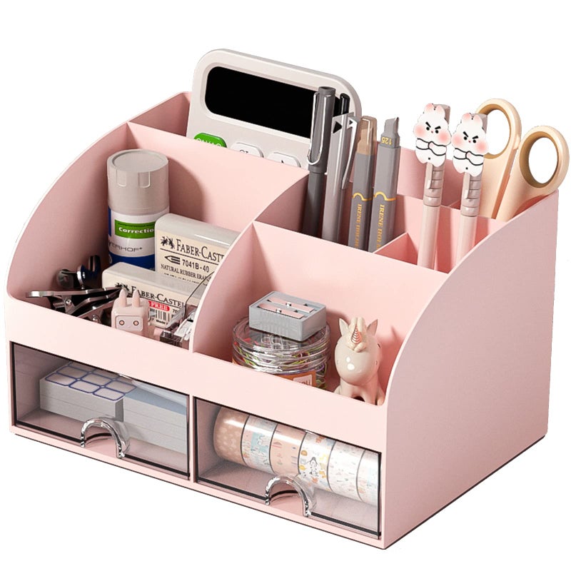 COMFYROOM Desk Organizer with 6 Compartments and 2 Drawers, Plastic Makeup Organizer, Pen Holder for Desktop Storage, Desk Organization for School, Home, Office Supplies (Pink) - Image 1