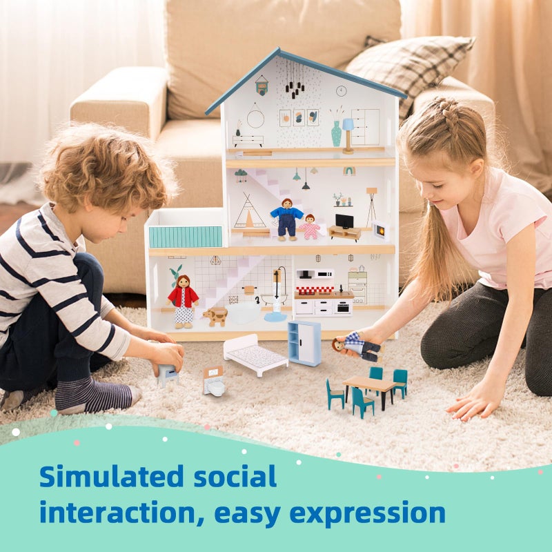 OOOK Wooden Dollhouse for Kids Doll House with Simulated Luxury Furniture Set Dollhouse Playset for Girls Toddlers Including 4 Family Dolls and a Dog - Image 3