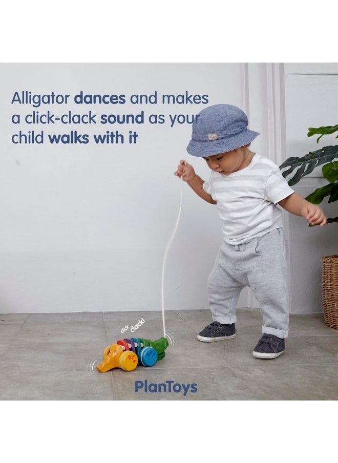 PlanToys Dancing Alligator Push & Pull Toy - Sustainably Made From Rubberwood, Makes Click-Clack Sounds And Dancing Movements When Pulled (Rainbow)  - Image 4