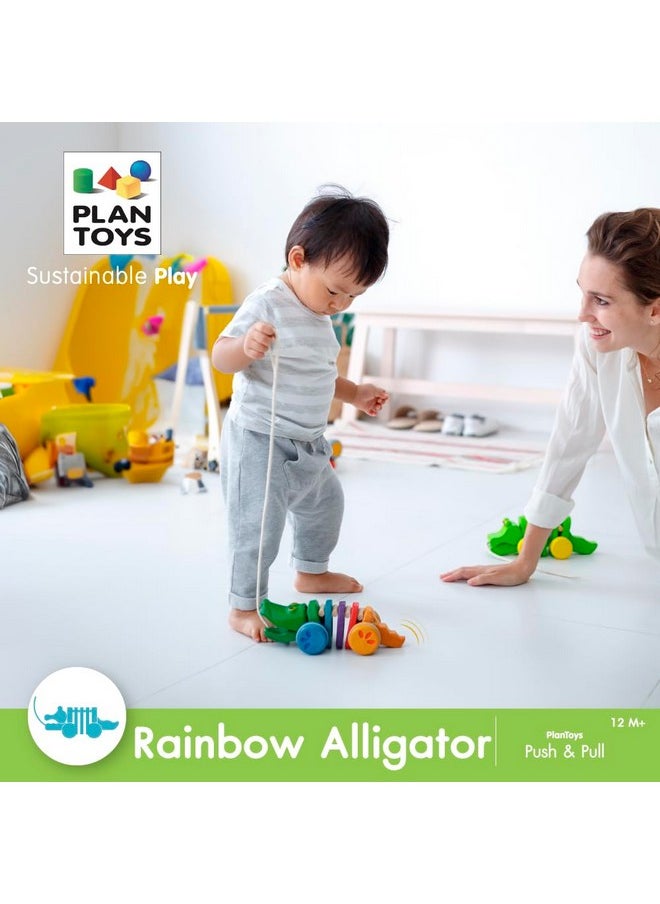 PlanToys Dancing Alligator Push & Pull Toy - Sustainably Made From Rubberwood, Makes Click-Clack Sounds And Dancing Movements When Pulled (Rainbow)  - Image 3