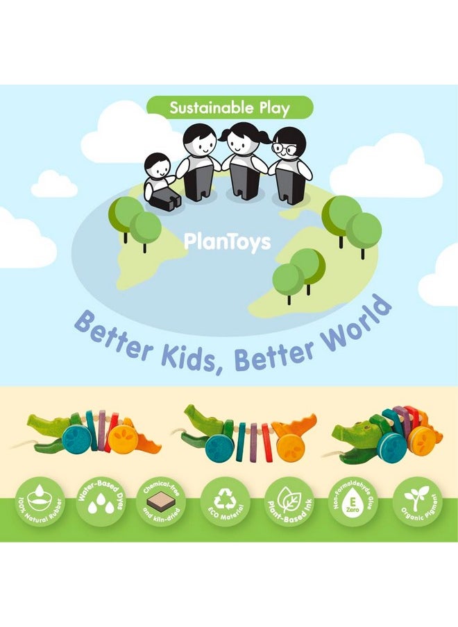 PlanToys Dancing Alligator Push & Pull Toy - Sustainably Made From Rubberwood, Makes Click-Clack Sounds And Dancing Movements When Pulled (Rainbow)  - Image 2