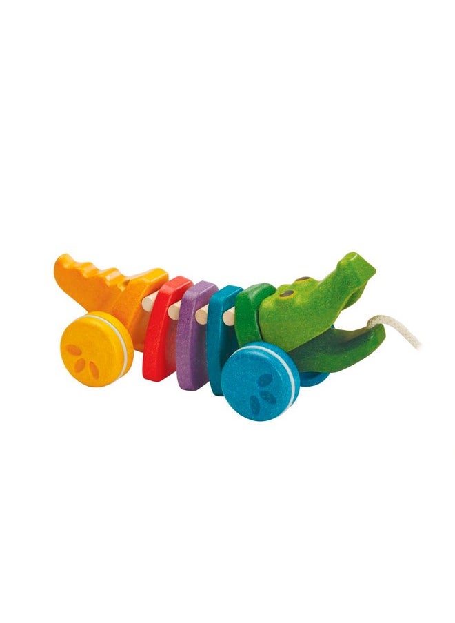 PlanToys Dancing Alligator Push & Pull Toy - Sustainably Made From Rubberwood, Makes Click-Clack Sounds And Dancing Movements When Pulled (Rainbow)  - Image 1
