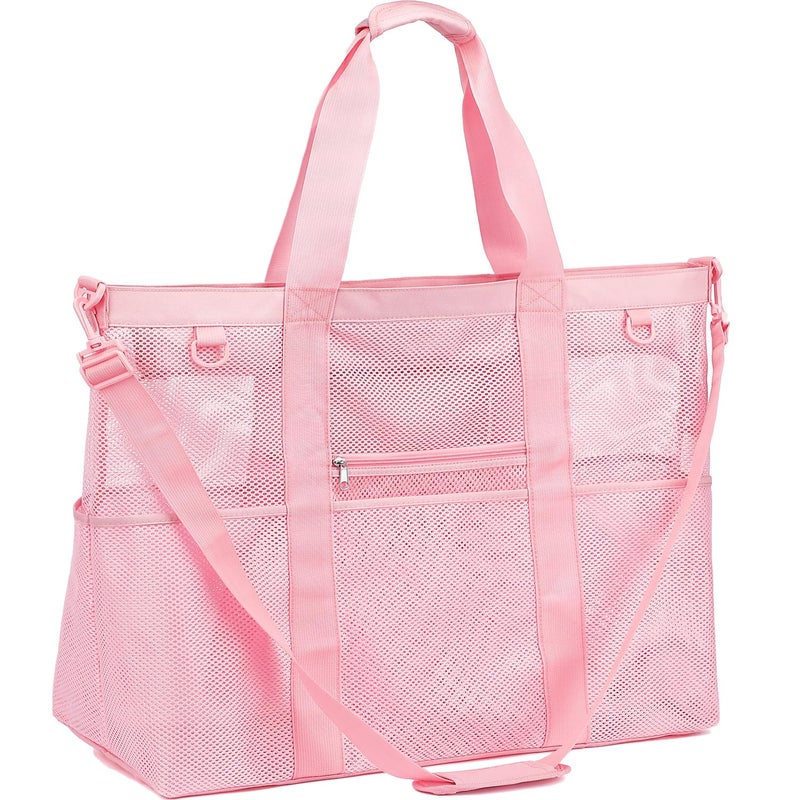 Fammart Mesh Beach Bag, Large Beach Tote with Zipper Pocket, Toys Pool Bag for Family Travel Vacation Cruise Essentials, XXL - Pink - Image 1