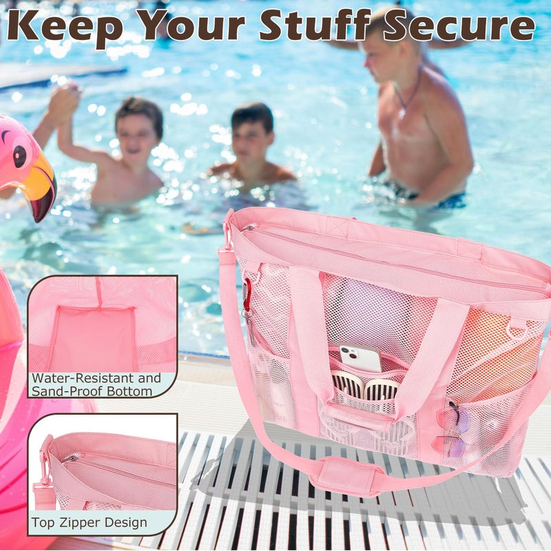 Fammart Mesh Beach Bag, Large Beach Tote with Zipper Pocket, Toys Pool Bag for Family Travel Vacation Cruise Essentials, XXL - Pink - Image 5
