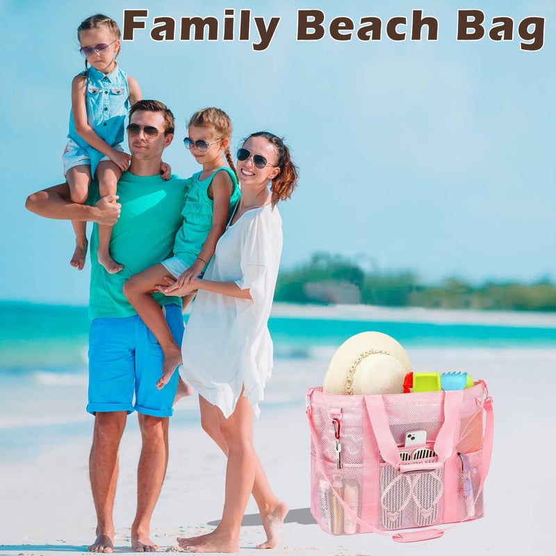 Fammart Mesh Beach Bag, Large Beach Tote with Zipper Pocket, Toys Pool Bag for Family Travel Vacation Cruise Essentials, XXL - Pink - Image 2