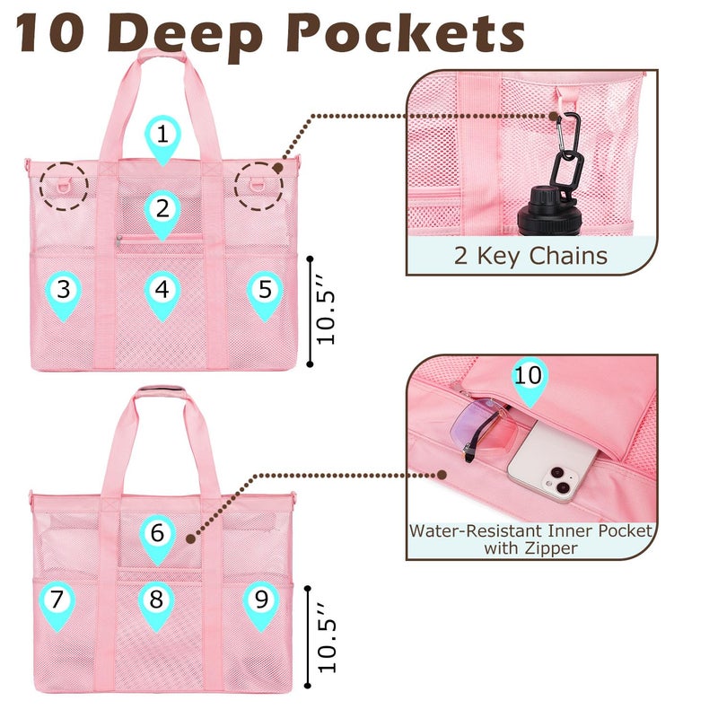 Fammart Mesh Beach Bag, Large Beach Tote with Zipper Pocket, Toys Pool Bag for Family Travel Vacation Cruise Essentials, XXL - Pink - Image 4