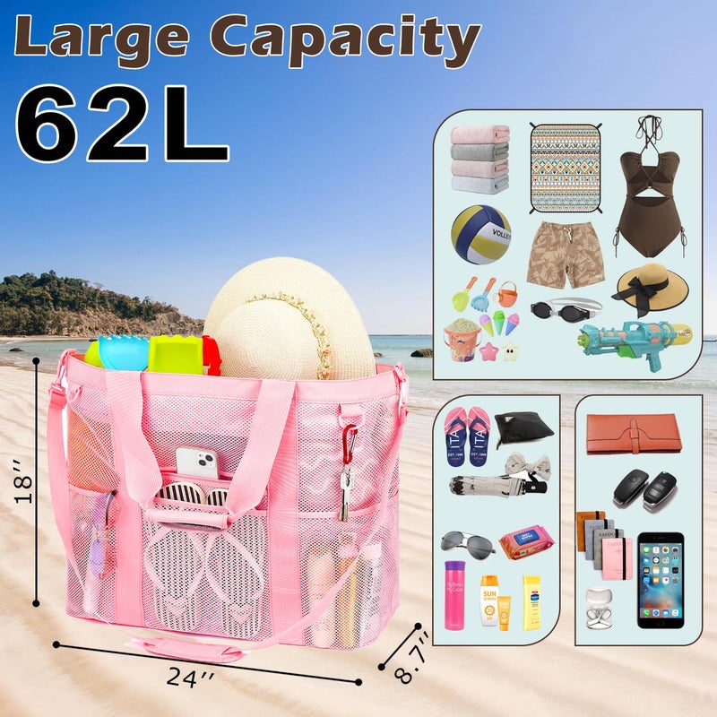 Fammart Mesh Beach Bag, Large Beach Tote with Zipper Pocket, Toys Pool Bag for Family Travel Vacation Cruise Essentials, XXL - Pink - Image 3