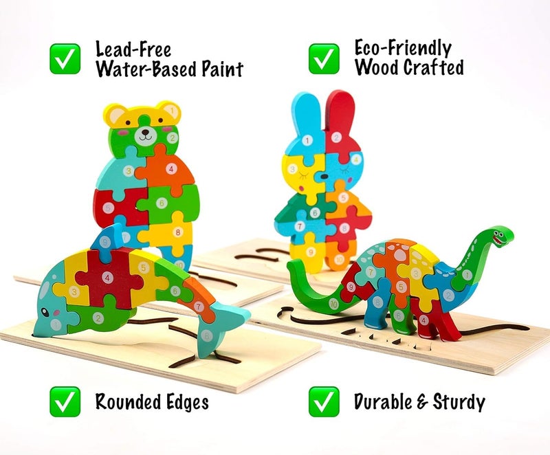 LINJIE Toddler Puzzles for Kids Ages 3+ Dinosaur Puzzle 4-Pack, Montessori Toys for 3 Year Olds, Toddler Toys Age 3+ Gifts for 3 + Years Old Boys Girls, Wooden Puzzles for Toddlers - Image 4
