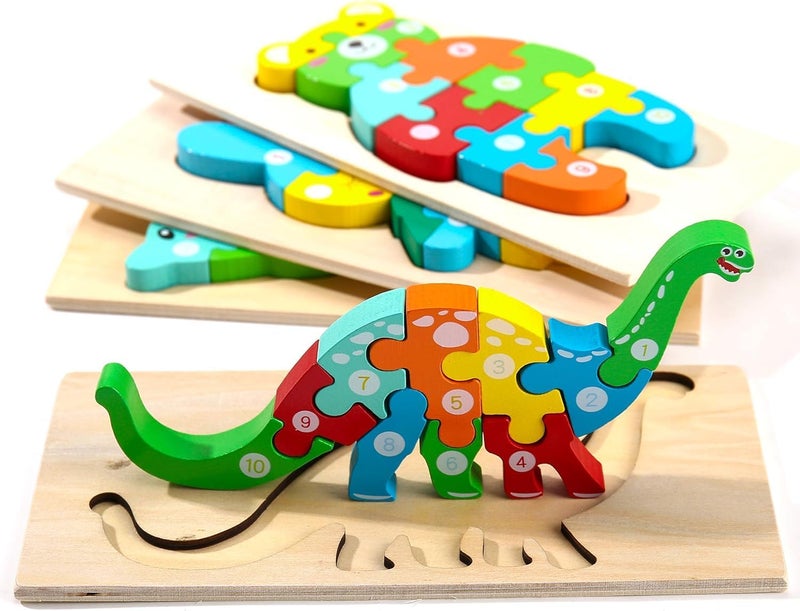LINJIE Toddler Puzzles for Kids Ages 3+ Dinosaur Puzzle 4-Pack, Montessori Toys for 3 Year Olds, Toddler Toys Age 3+ Gifts for 3 + Years Old Boys Girls, Wooden Puzzles for Toddlers - Image 1
