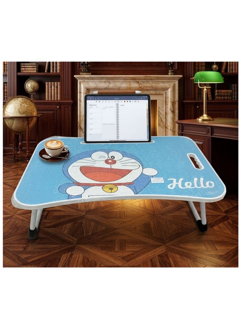 Foldable laptop table, cartoon design, with tablet holder and cup holder, multi-colored